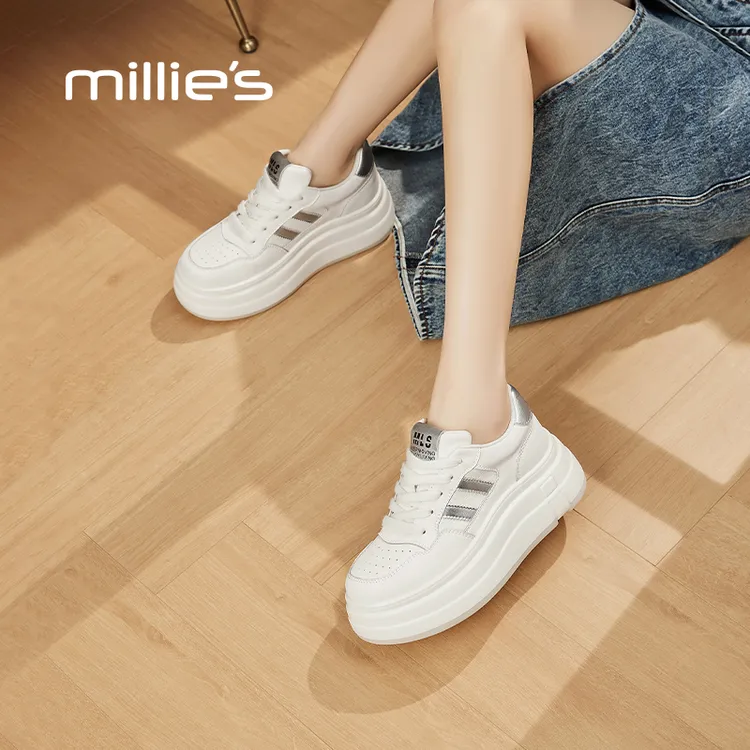 妙丽厚底时尚小白鞋女鞋2024冬季小个子增高运动鞋不累脚休闲板鞋