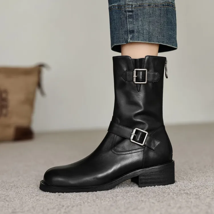 牛皮复古风真皮中筒靴女2025秋冬新款粗跟皮带扣短靴马丁靴瘦瘦靴