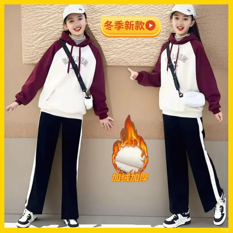 女童加绒卫衣新款套头休闲时尚洋气百搭宽松连帽显瘦保暖秋冬外穿