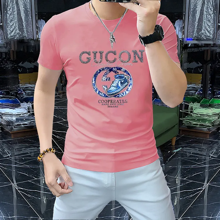 时尚轻奢男士圆领短袖T恤丝光棉烫钻立体字母舒适透气新款男装夏