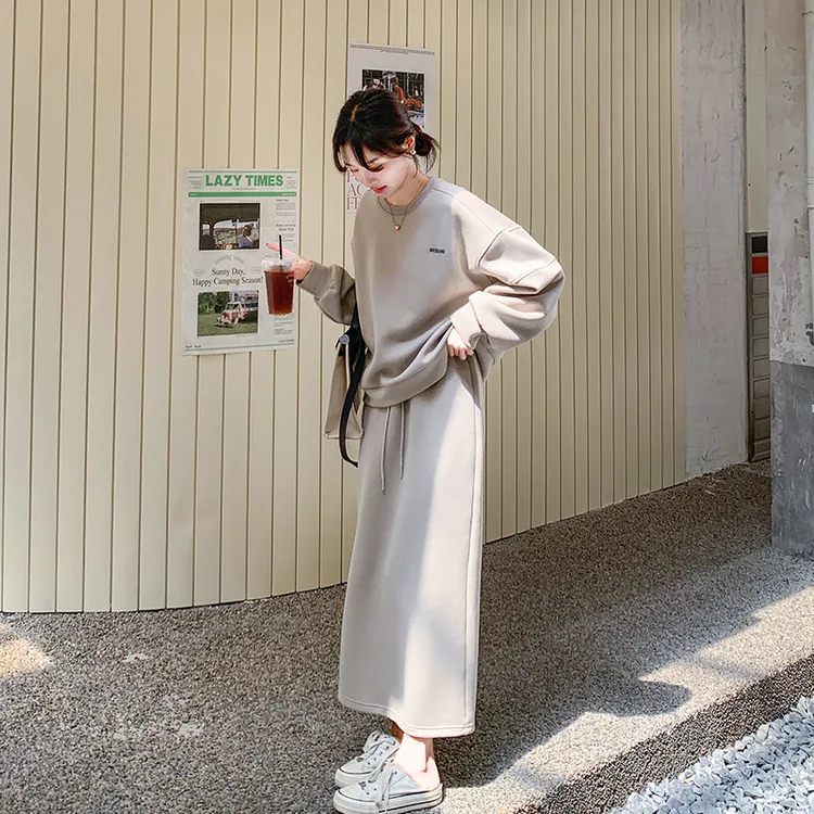 卡其灰慵懒风卫衣套装女2025春季新款韩系高级感宽松半身裙两件套