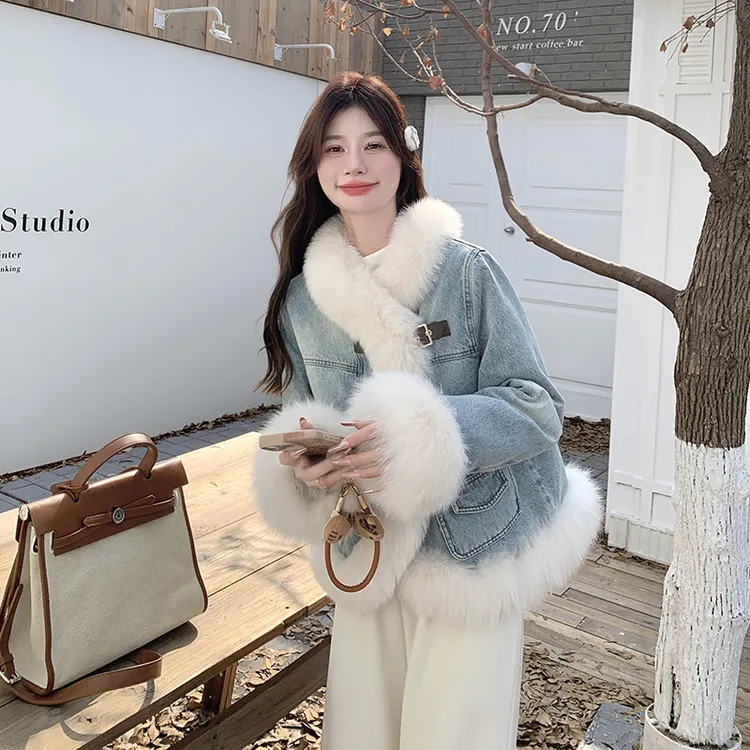 超好看毛毛拼接牛仔派克服外套女短款2025冬新款时尚洋气加厚棉服