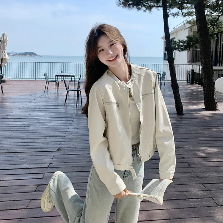 米白色皮衣外套女早秋2025新款爆款小个子高级感短款圆领正肩夹克