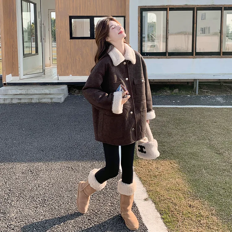 棕色皮毛一体羊羔毛外套女2025冬季新款美拉德超好看加厚机车皮衣