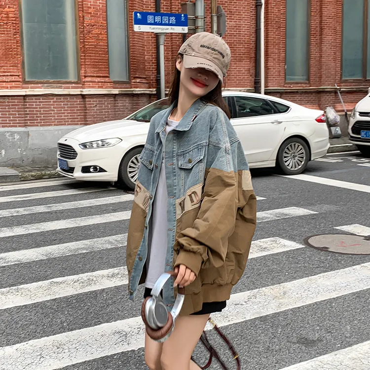 撞色拼接高级感牛仔工装外套女2025春季新款美式复古减龄休闲夹克