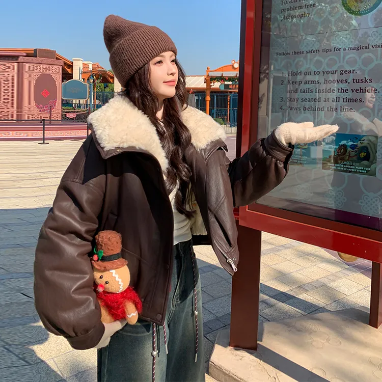 羊羔毛大翻领皮衣羽绒服外套女2025冬季新款加厚90白鸭绒保暖夹克