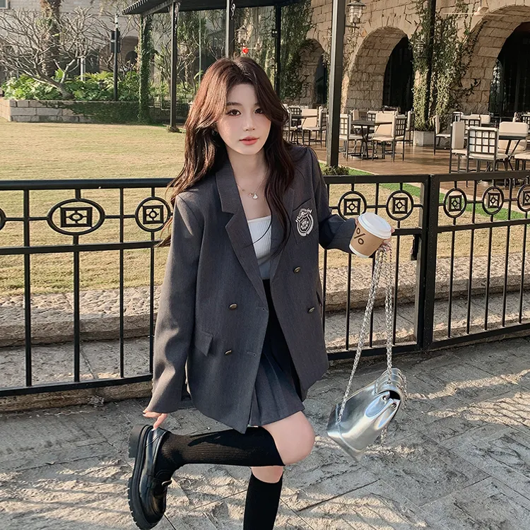 韩剧女主穿搭学院风小西装jk制服套装女2025春装新款百褶裙两件套