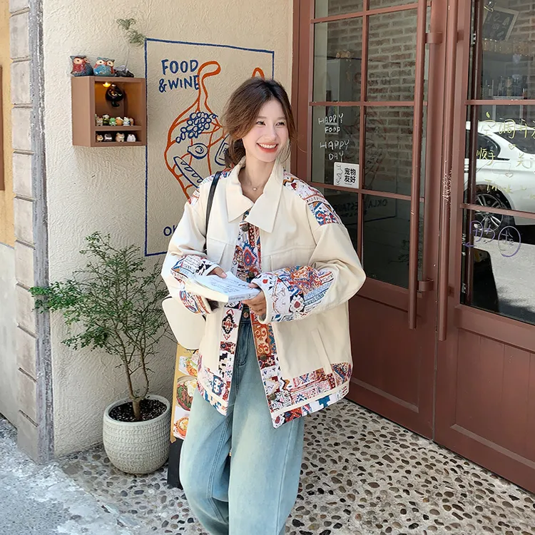 米白色碎花拼接工装外套女春季美式慵懒风韩系氛围感穿搭上衣爆款