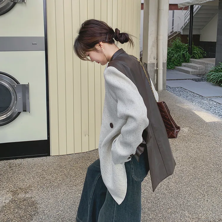 韩系撞色拼接西装外套2025春季新款气质设计感老钱风廓形百搭西服