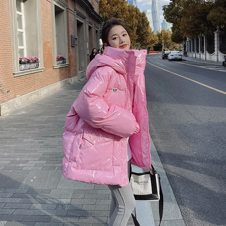 粉色亮面免洗羽绒服女中长款2025新款冬季小个子休闲宽松加厚外套