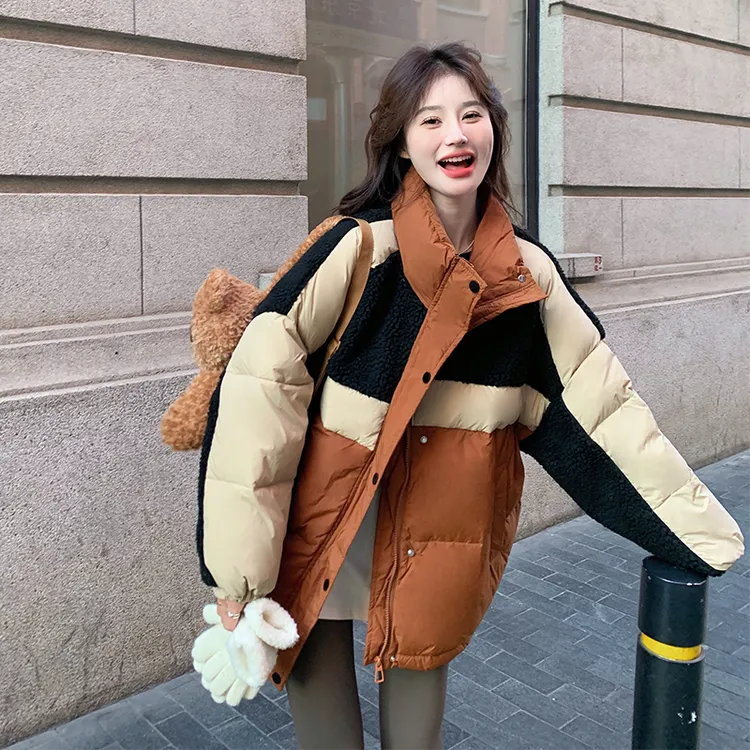 南瓜色撞色拼接羊羔毛羽绒服女2024冬新款设计感宽松甜酷保暖外套