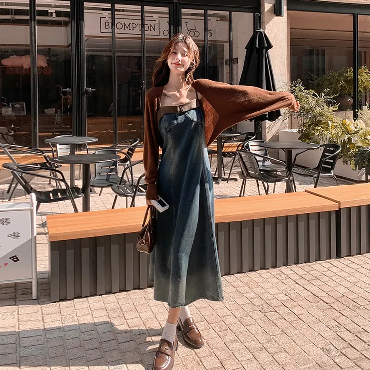 韩系穿搭针织开衫牛仔吊带裙连衣裙套装女春2025新款超好看两件套