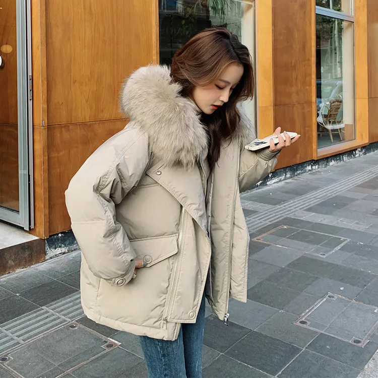 米色毛领小个子加厚派克服女2025冬季新款韩版今年流行连帽面包服