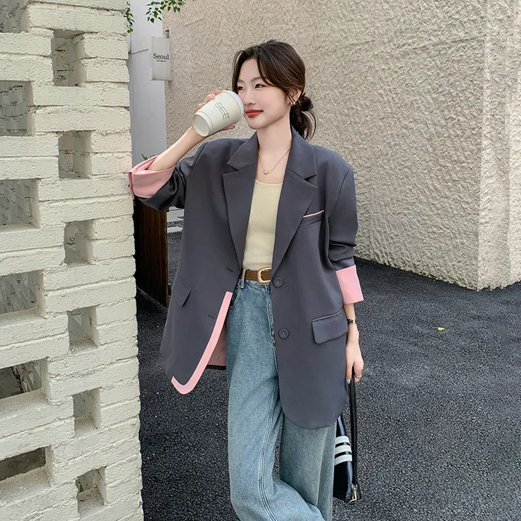 灰粉撞色拼接西装外套女2025春季新款时尚休闲宽松气质高级感西服