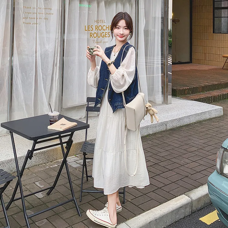 牛仔马甲超仙白色长裙套装女2025春新款气质减龄显瘦连衣裙两件套
