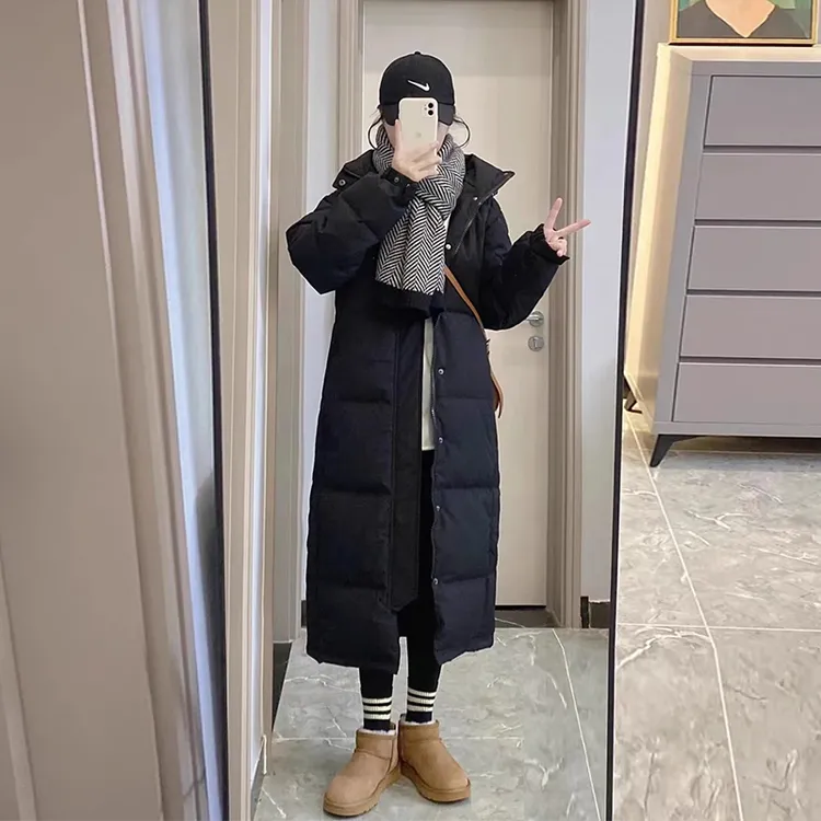 中戏同款羽绒服女中长款过膝黑色连帽白鸭绒冬2025新款面包服外套