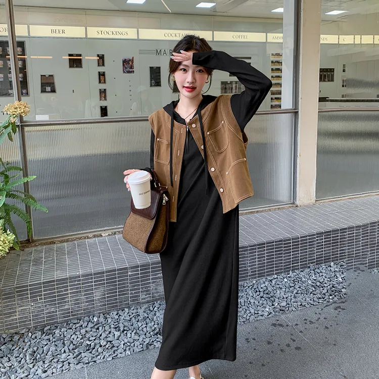 复古高腰马甲连衣裙套装2025春季新款高级感显瘦连帽卫衣裙两件套