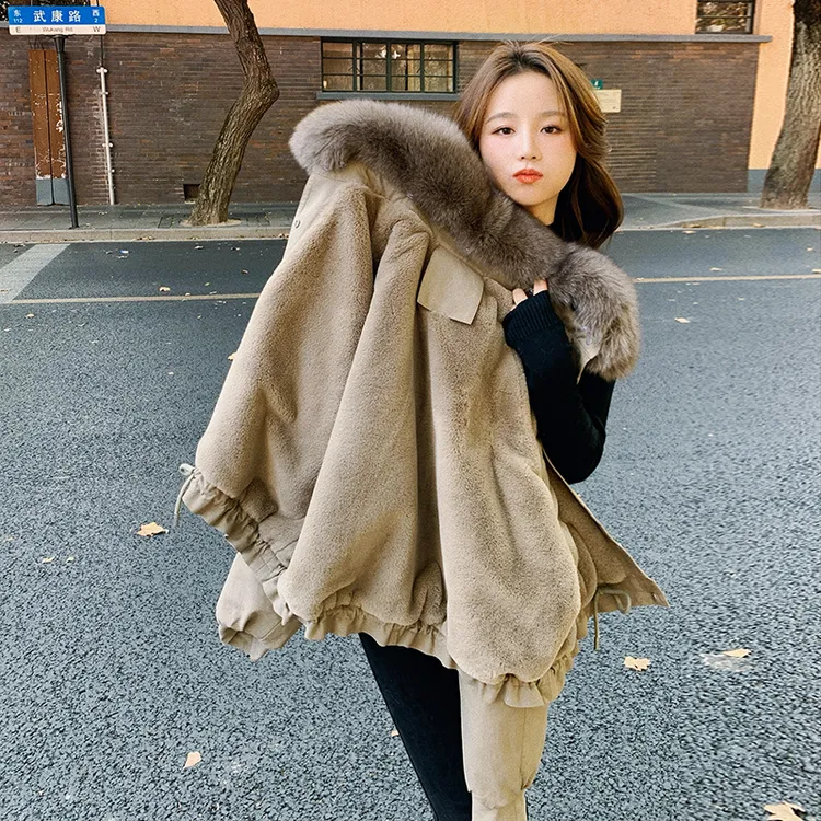 卡其色大毛领工装派克服女小个子2025冬新款韩版休闲加绒加厚棉衣