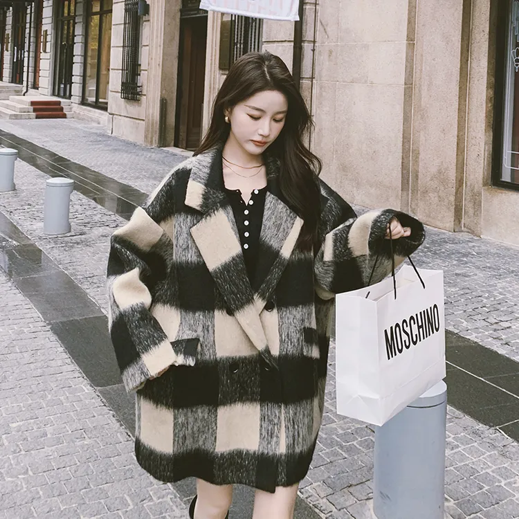 宽松茧型复古格子西装呢子外套女2024秋冬新款小个子短款加厚毛呢