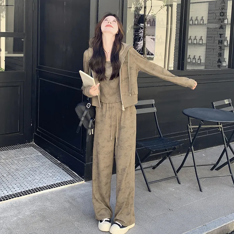 咖色扎染休闲运动套装女2025早春新款连帽卫衣阔腿裤宽松三件套装