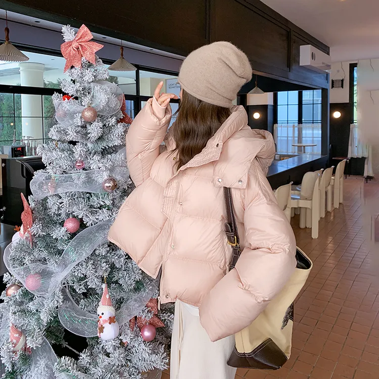 粉色鹅绒羽绒服女2025冬季新款今年流行小个子加厚短款面包服外套