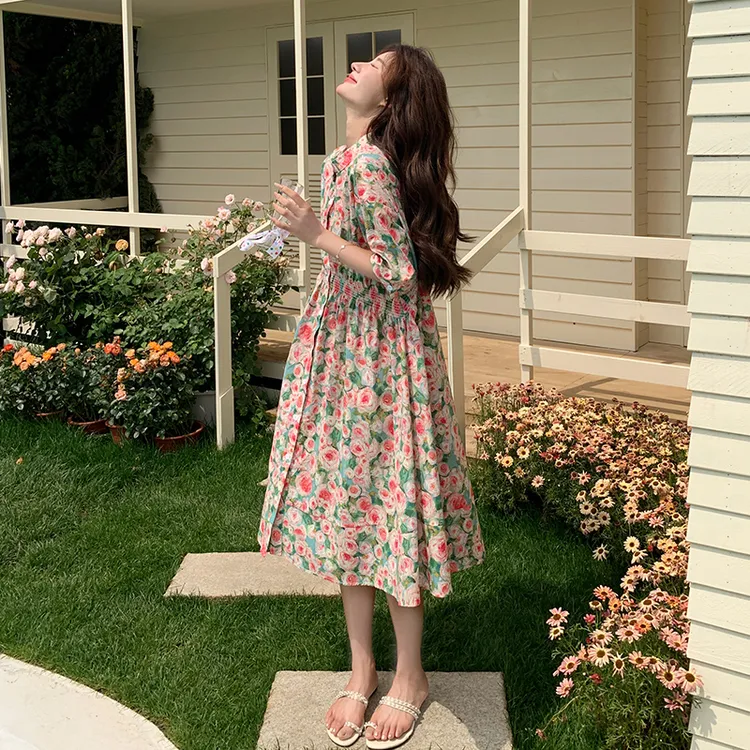 粉色法式甜美碎花宽松连衣裙女夏季小清新气质温柔遮肚显瘦A字裙