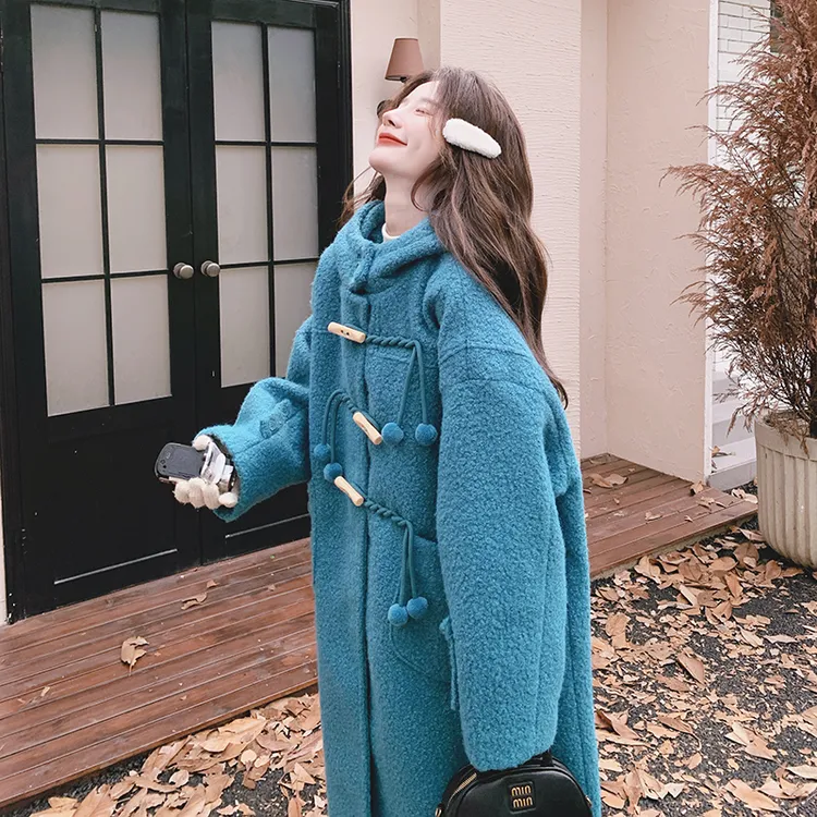 韩系连帽圈圈毛呢外套女中长款2024秋冬新款宽松加厚减龄呢子大衣