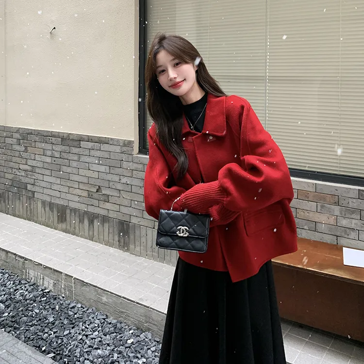 红色短款双面羊毛大衣女2025秋冬新款法式气质小个子加厚毛呢外套