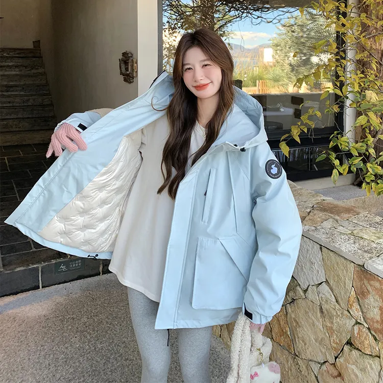 蓝色工装派克服羽绒服女冬季2025新款糖果色冲锋衣式白鸭绒厚外套