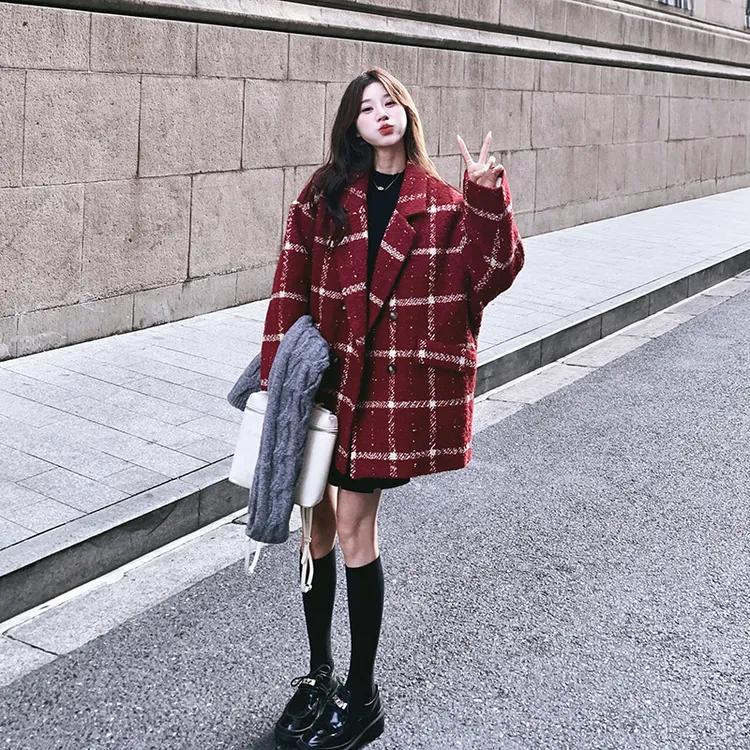 红色格子羽绒内胆小香风西装毛呢外套女冬新款小个子宽松加厚大衣