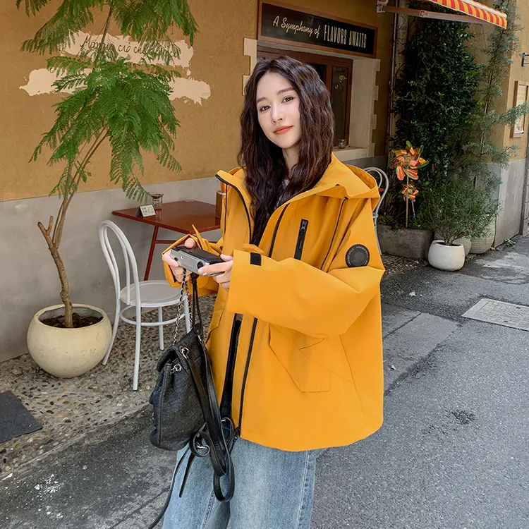 橘色短款工装连帽风衣外套女2024春秋新款小个子棒球服冲锋衣夹克