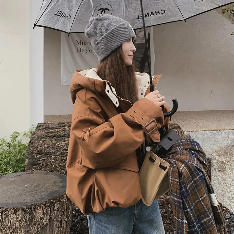 咖啡色夹棉加厚派克服外套女小个子2024冬季新款宽松工装羽绒棉服