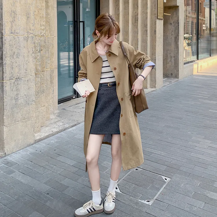 韩版卡其色风衣外套女2025秋新款高级感POLO领宽松休闲中长款大衣