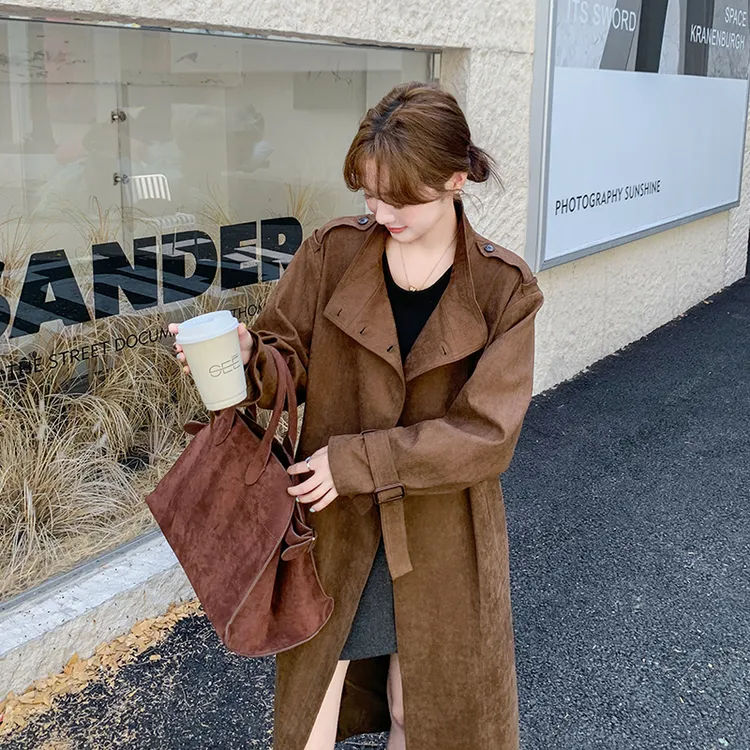 咖色美拉德麂皮绒风衣外套女2024秋新款复古英伦风高级感收腰大衣