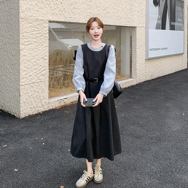 超好看撞色长袖连衣裙女2025春装新款韩系设计感假两件套绝美长裙