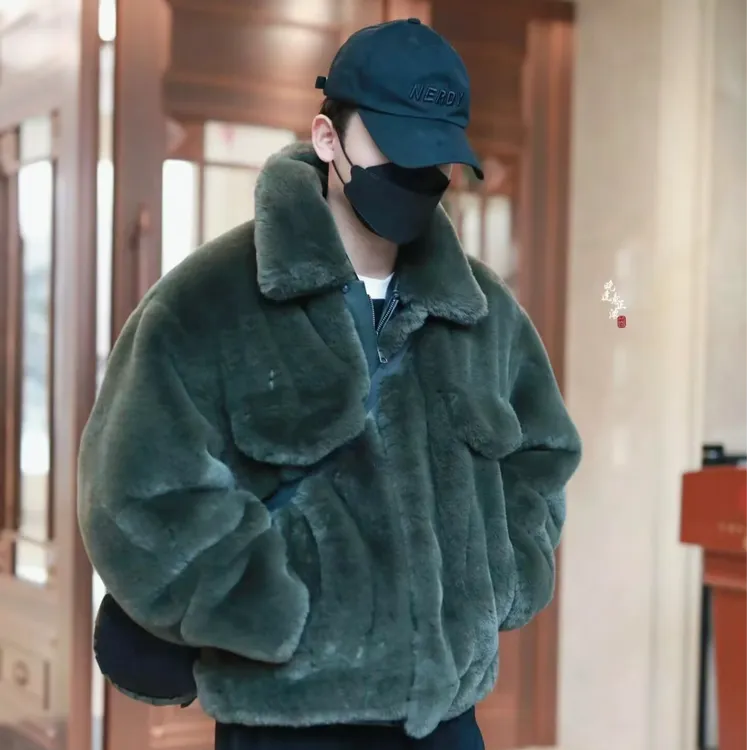 抗寒保暖潮流时尚明星同款毛毛绒外套男士冬季加厚时尚仿兔毛大衣