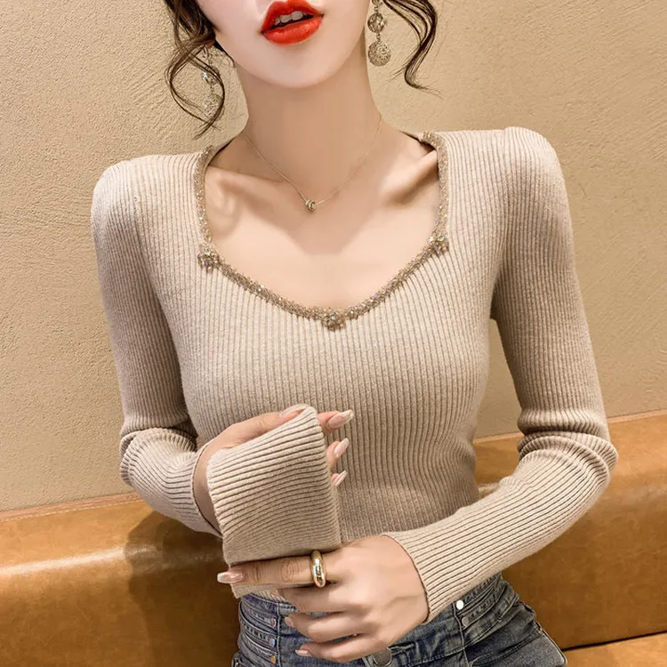 钉珠露锁骨毛衣女2023年秋装新款长袖打底衫修身性感针织上衣