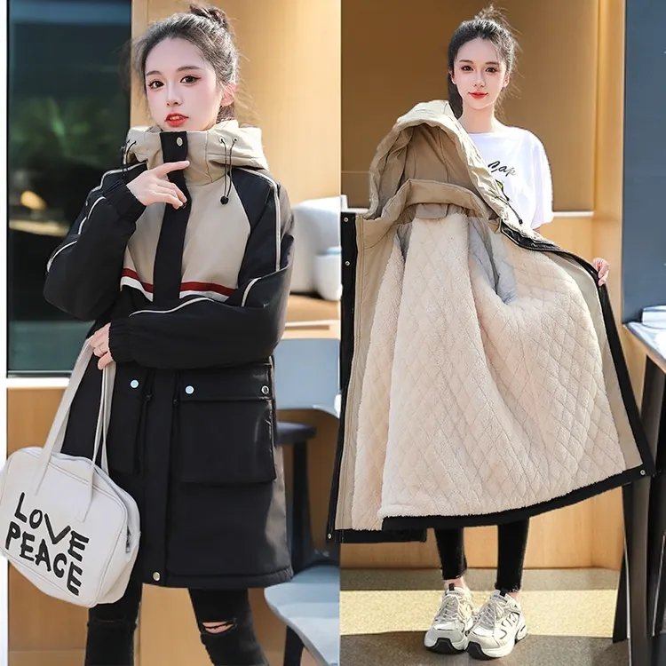 胖MM时髦潮流拼色外套女冬季加绒加厚工装派克服200斤羊羔绒棉服