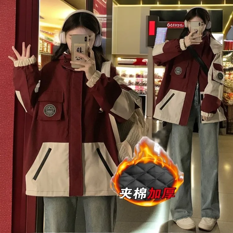 加棉加厚冲锋衣2025秋冬新款宽松大码韩版胖MM显瘦工装棉服外套女