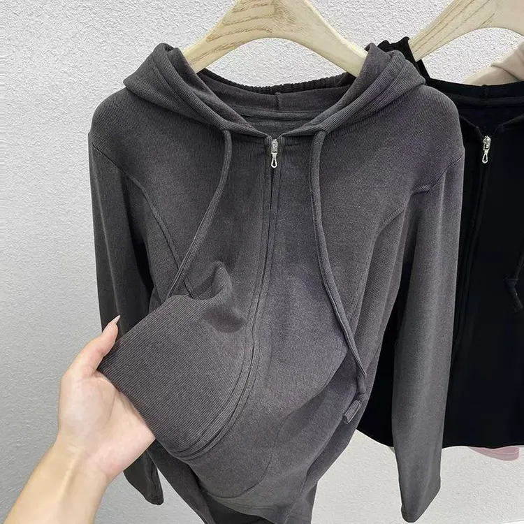 德绒连帽卫衣外套女拉链鱼骨修身显瘦连帽卫衣女款爆款2025新款