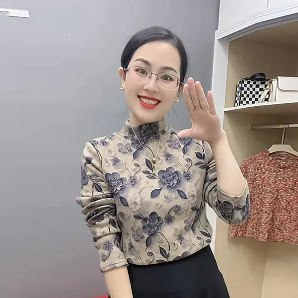 秋冬季打底衫女加绒加厚妈妈装保暖内搭长袖百搭半高领碎花上衣