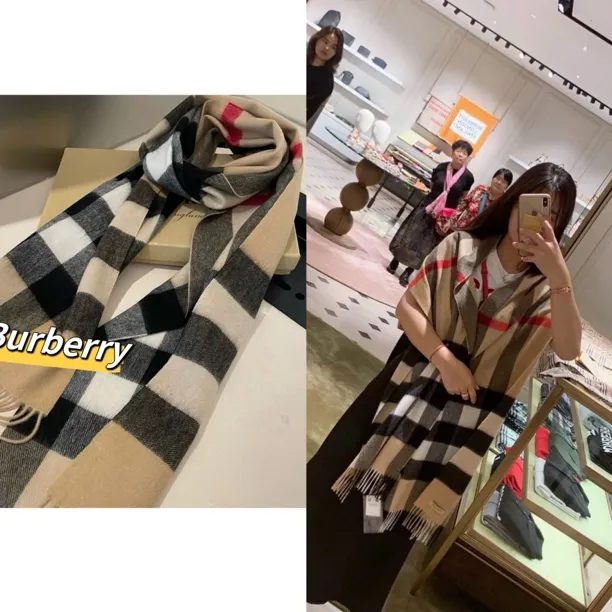 未使用 BURBERRY/博柏利 宽版格纹羊绒围巾200x36cm 