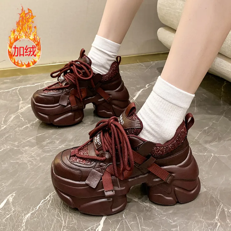 欧洲站老爹鞋女秋冬安哥拉红复古加绒8cm增高厚底松糕休闲运动鞋