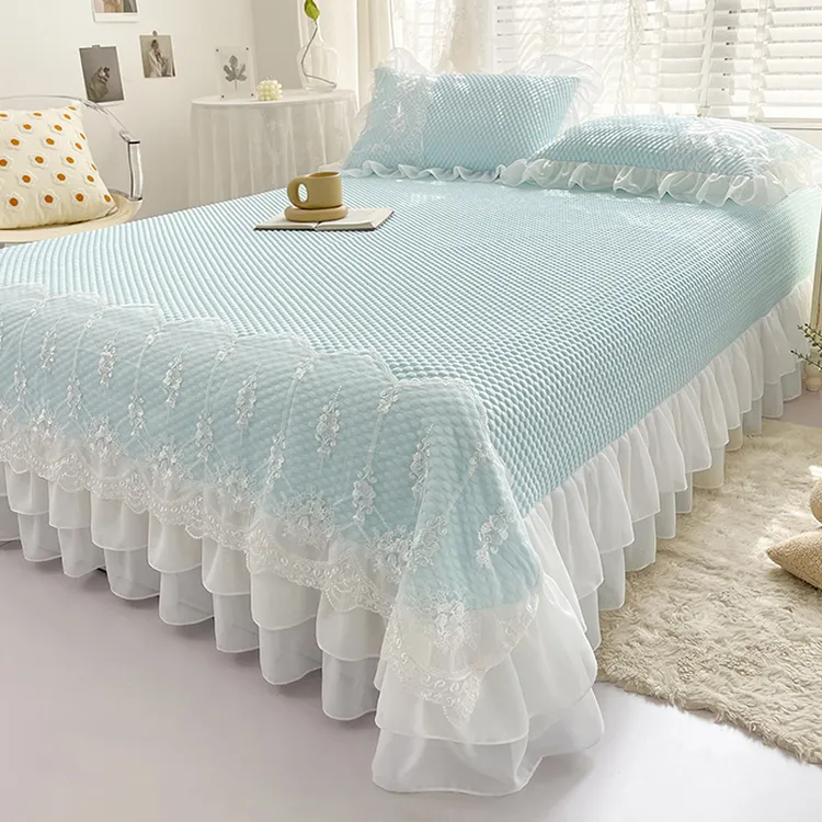 欧式蕾丝冰丝床单可水洗机洗豆豆凉席三件套韩式公主风花边床裙罩