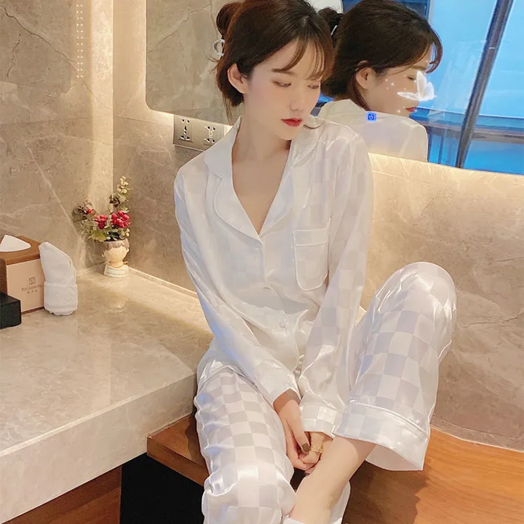 睡衣女春秋ins风冰丝长袖开衫格子翻领外穿两件套甜美家居服夏