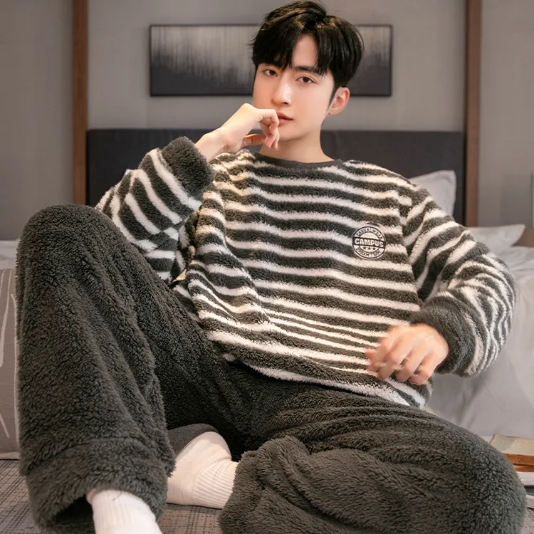 珊瑚绒男士睡衣时尚秋冬简约加厚加绒秋冬长袖长裤保暖家居服套装