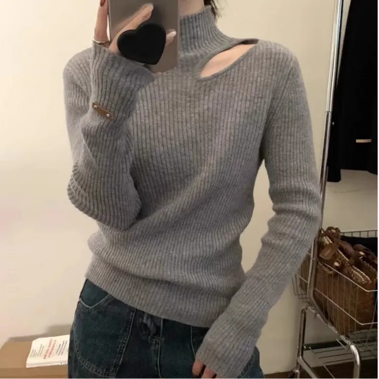 法式气质半高领复古内搭针织打底衫女秋设计感小众外穿漏锁骨上衣