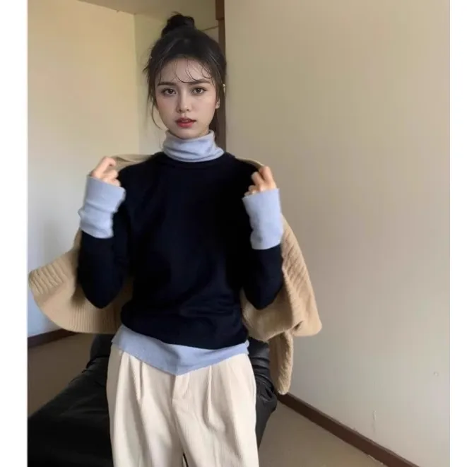 法式假两件高领打底衫女秋冬季软糯毛衣洋气内搭叠穿长袖针织上衣