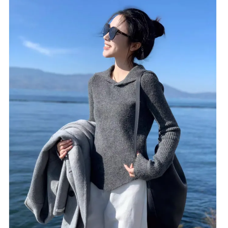 不规则弧形下摆连帽上毛衣女独特设计感正肩卫衣长袖针织打底衫冬