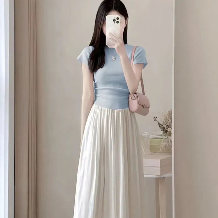 法式冰丝短袖针织衫女修身显瘦内搭辣妹短款小个子时尚上衣半身裙